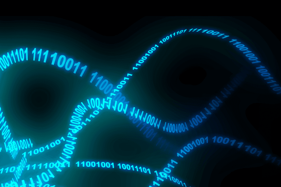 looping strand of digital code in aqua on black background