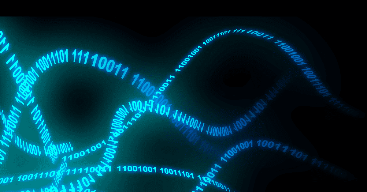 looping strand of digital code in aqua on black background