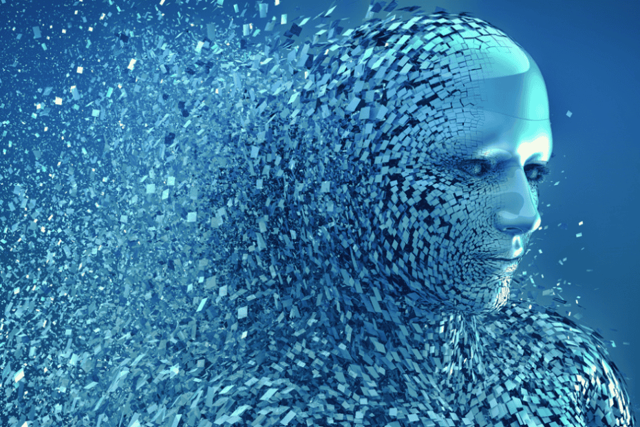 illustration of a blue person's image fragmenting