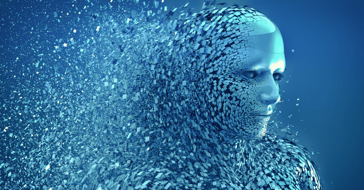 illustration of a blue person's image fragmenting